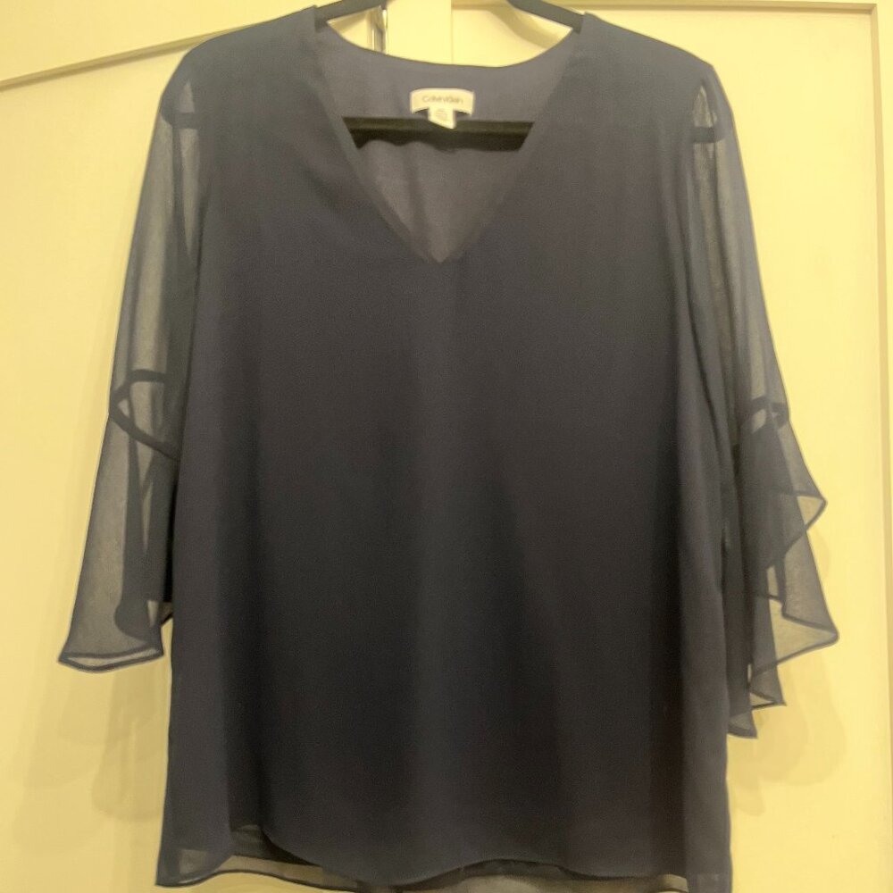 Navy Calvin Klein v-neck blouse with sheer sleeves, medium, new never worn
